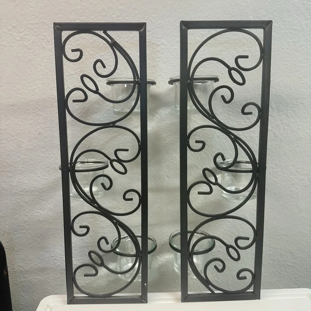 Set of 2 Black Metal Scroll Wall Candle‎ Holders Glass Votive Cups 14